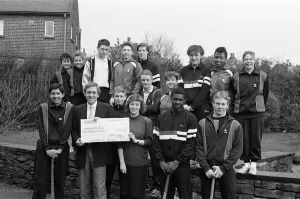 Harry Gration at Leeds Road playing fields to receive a cheque for Children in Need