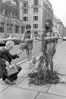 00027 Prints: Harvey Morris recording Autumn leaves by a fountain with the aid of 22 year old Jane