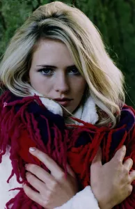 Haute Scot Fashion Blonde model hugging herself wearing red pink