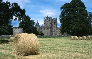 00201 Prints: Haymaking at Glamis Castle Fife Scotland July 1984 Hay bails in field