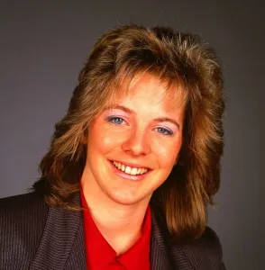 Hazel Irvine TV presenter November 1987 wearing red scarf