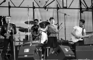 2 Tone Prints: Hazel O Connor performs on stage with her band Megahype at the outdoor concert in