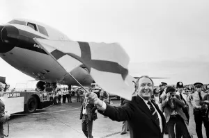 Years Prints: Head of Laker Airways Freddie Laker in jubilant mood at Gatwick airport on the day of
