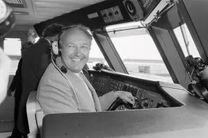 Head of Laker Airways Freddie Laker pictured at Brighton Marina for the inaugural flight