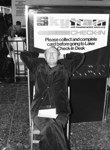 00350 Prints: Head of Laker Airways Freddie Laker in relaxed mood at Gatwick airport