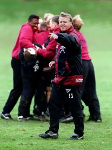 Heart of Midlothian football manager Jim Jefferies gives instructions to his players