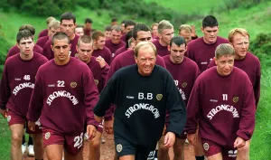 Heart of Midlothian trainer Billy Brown leads the Hearts squad during the first day of