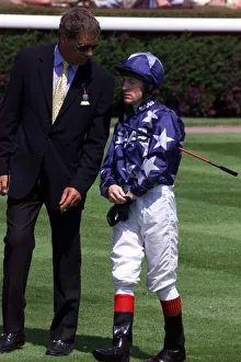 Henry Cecil talks to jockey Kieren Fallon at Goodwood July 1999 who sacked from his