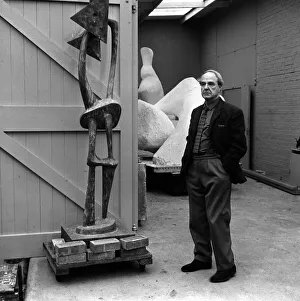 Sculptor Prints: Henry Moore Artist and Sculpture May 1963 outside his studio with his work