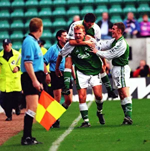 Hibs versus Dundee October 1999 Pat McGinlay celebrates after Franck Sauzee scores