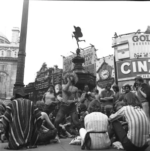 Hippies in Piccadilly London A group of Hippies gathered in Piccadilly Circus