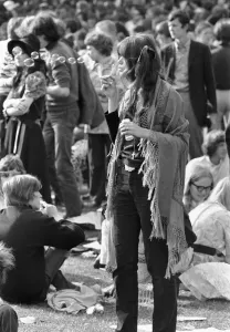 Hippies Prints: A hippy girl blowing bubbles at the all day concert at Hyde Park