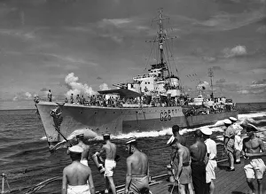 Battleship Prints: HMAS Nepal approaches the Eastern Fleet flagship HMS Queen Elizabeth as a seaman prepares