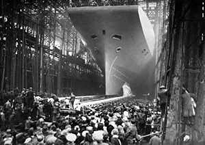 HMS Albion, Britains newest aircraft carrier proceeding down the slipway at Wallsend