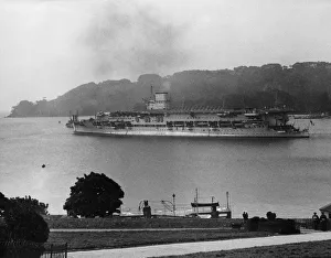 Twenties Prints: HMS Courageous seen here leaving Devonport dockyard following her conversion