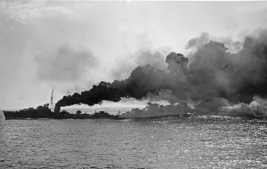 01445 Prints: HMS Kelvin of the 5th Destroyer Flotilla, Home Fleet, lays a smoke screen during