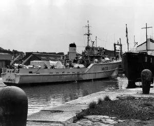 Ships Prints: HMS Mersey, Minesweeper of the Mersey Division of the RNR comes alongside headquarters