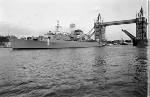 River Prints: HMS Norfolk County Class Destroyer February 1974 sails under Tower Bridge during a visit