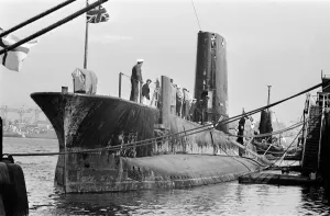 HMS Porpoise (S01), a Porpoise-class submarine of the Royal Navy. 1963
