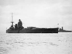 Thirties Prints: HMS Rodney pennant number 29 was one of two Nelson-class battleships seen here at a fleet