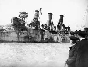 HMS Vindictive an Arrogant class cruiser seen here on 24th April 1918 after she was in