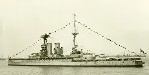 Battleship Prints: HMS Warspite seen here moored in the Solent for a Royal review of the fleet