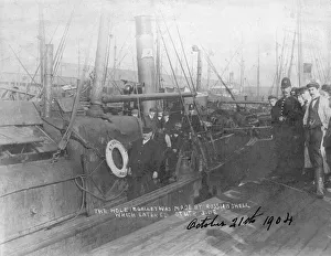 The hole made in the Hull steam trawler St Moulmein by a russian shell after the North