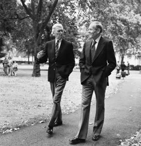 Talking Prints: Hollywood stars Henry Fonda and James Stewart walk through Grosvenor Square in London