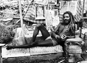 Holy man Kante Wala Baba who has taken a vow of silence on his bed of nails in Rishikesh