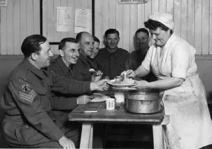 Meal Prints: Home Guard enjoying a meal at a Wallasey anti aircraft battery site on the Home Front