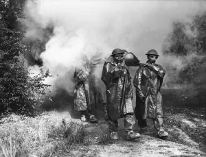 Gasmask Prints: Home Guard training in the evacuation of casualties during a gas attack whilst