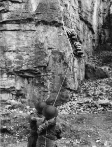 Rocks Prints: Home Guards in North Wales lowering a stretcher down a cliff face