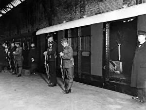 Homecoming Prints: Homecoming of the Unknown Warrior. The coffin in the railway car at Victoria Station