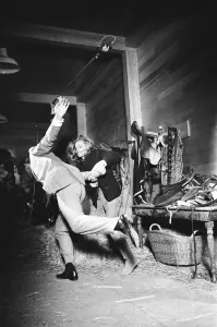 Honor Blackman as Pussy Galore and Sean Connery as James Bond seen here filming a fight