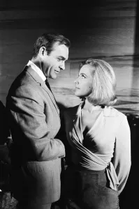 Honor Blackman as Pussy Galore and Sean Connery as James Bond seen here filming a fight