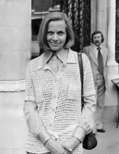 Honor Blackman wearing crochet knitted top smiling - April 1975 -----