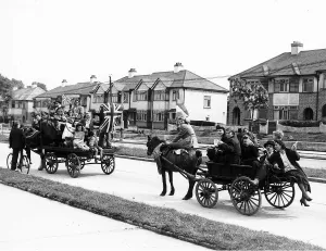 00203 Prints: Horses and carts being driven through Southend as part of the WW2 VE Day celebrations