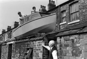 Vessel Prints: Houseboat, April 1968 Boat on roof for Worthington Family - 8 feet up on roof