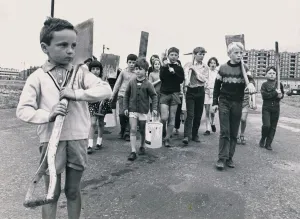 Housing slums in the Gorbals district of Glasgow where the children have grouped together