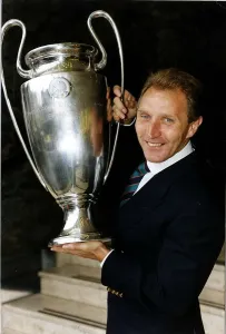 One Man Only Prints: Howard Wilkinson Football Leeds Manager with the European Cup during the launch of a new