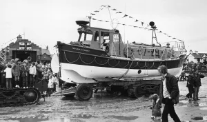Crew Prints: The Hoylake lifeboat Mary Gabriel displayed on the beach for visitors at the Hoylake
