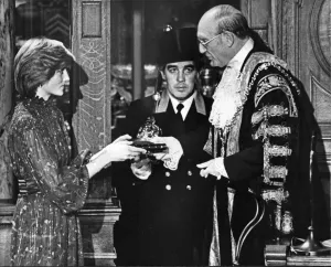 HRH Princess Diana, The Princess of Wales receives a bible after admission as a Freeman