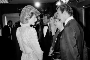HRH The Princess of Wales, Princess Diana talking with lead actor Roger Moore