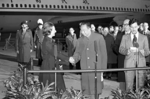 Hua Kuo Feng Chairman of the Chinese Peoples Republic greeting Margaret Thatcher British