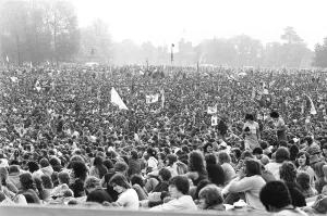 Huge crowds gather to watch the Rolling Stones in concert at Knebworth House