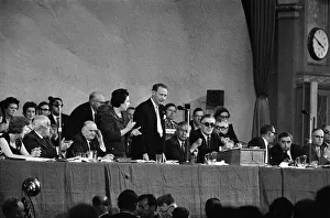 Conferences Prints: Hugh Gaitskill after his speech to conference is applauded by Harold Wilson with Crossman