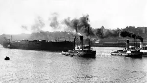Smoke Prints: The hull of the Former Crack liner ship Olympic leaves Jarrow bound for Inverkeithing