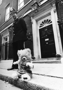 Number Prints: Humphrey teddy bear of Margaret Thatcher outside number ten Downing Street
