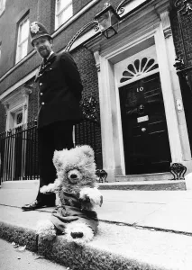 Humphrey teddy bear of Margaret Thatcher outside number ten Downing Street He has been