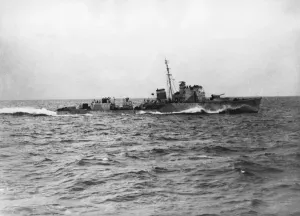 Camouflage Prints: The Hunt Class destroyer HMS Brocklesby steaming at high speed during a target practice